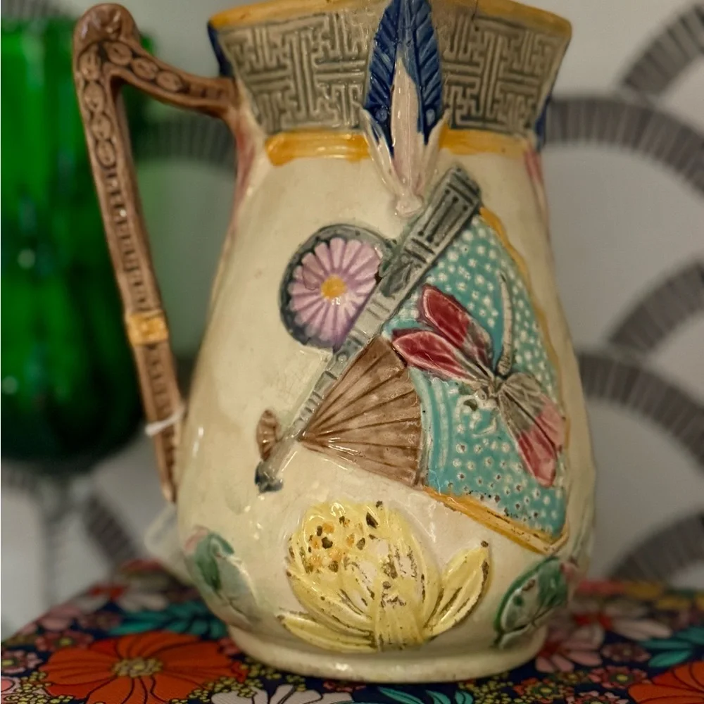 Antique Majolica Vintage Multicolor Ceramic Pitcher - Picture 1 of 2